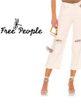 We The Free Ranger Distressed Wide-Leg Cropped Button Down Jeans by Free People